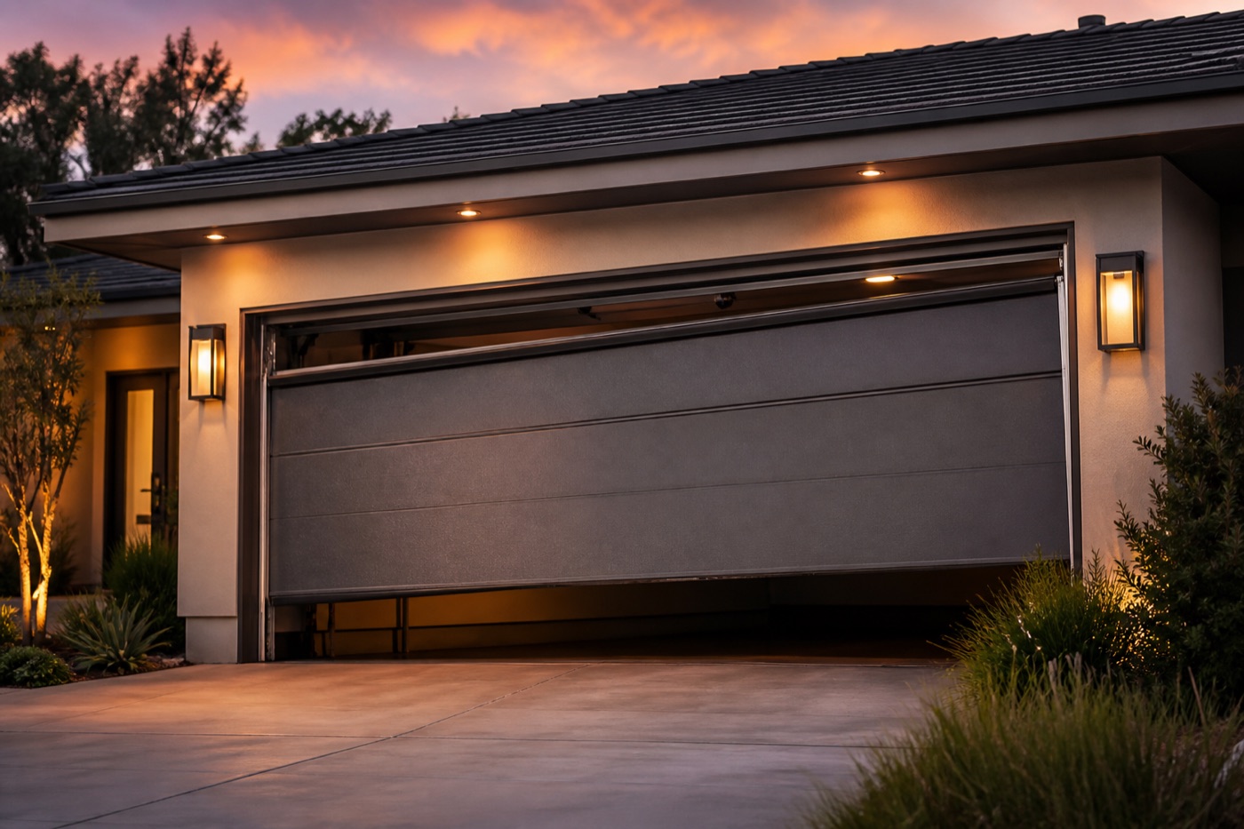 Warm-lit modern garage door at dusk: the kind of stuck or off-track call we answer same day in the East Bay