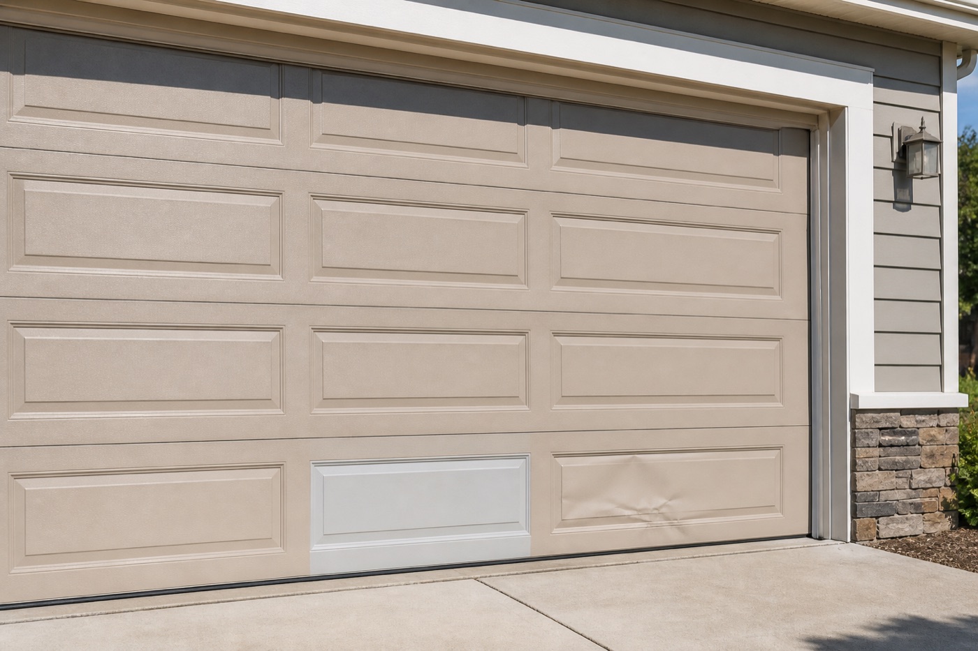Sectional garage door panels on a Bay Area home: a single damaged section can often be swapped on its own