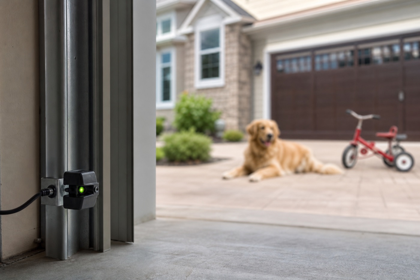 Garage door with a family home behind it: working sensors and auto-reverse keep kids and pets safe